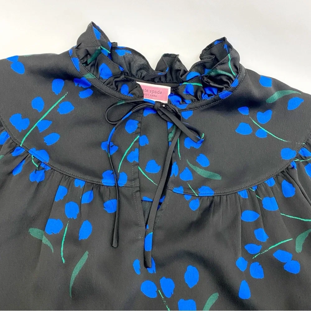 NEW Kate Spade Seabreeze Floral Ruffle Blouse Top Long Sleeve Black Blue - Picture 8 of 13